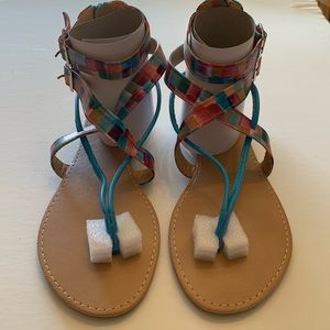 NEW::EASY USA SANDALS STRAPY WATERCOLOR MULTI BLUES/PINK HEEL ZIPPER SZ 8…